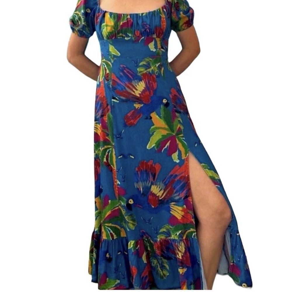 House of Harlow 1960 Tropical Print Smocked Maxi Dress XS Blue Linen Blend